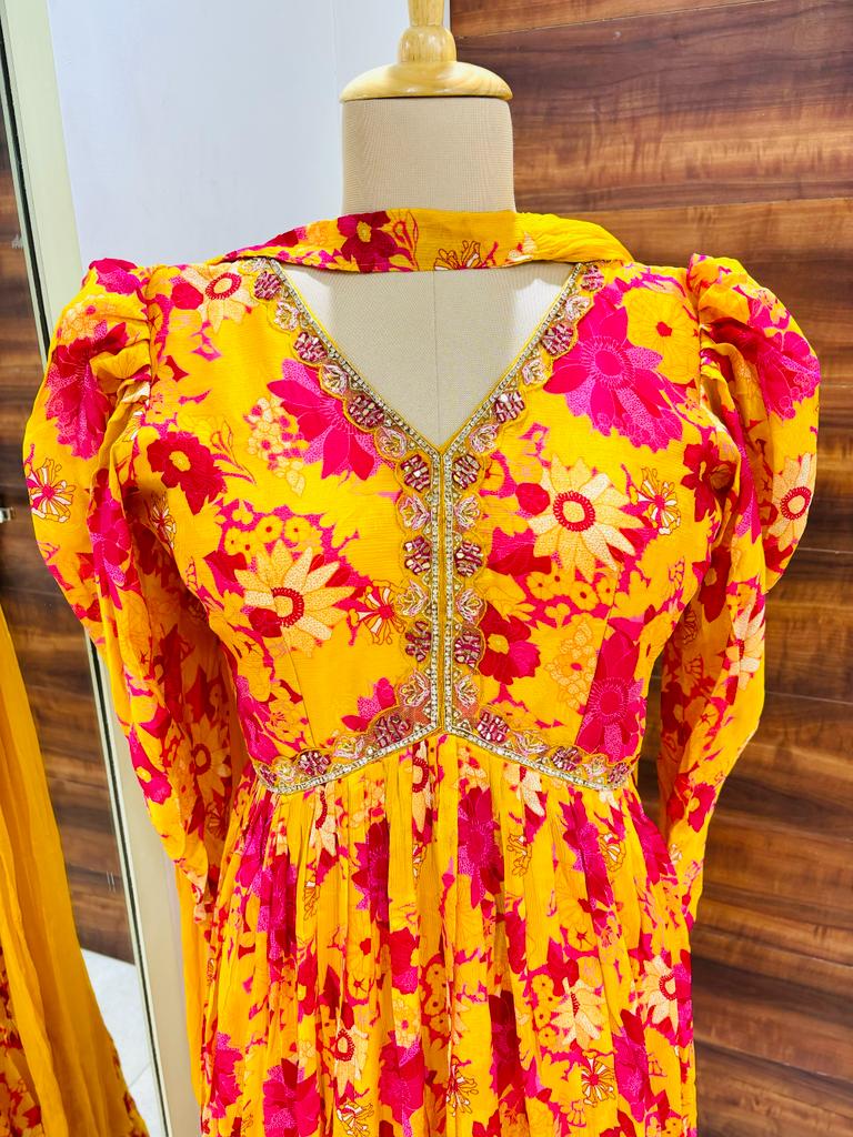 Yellow Printed Sleek Gown