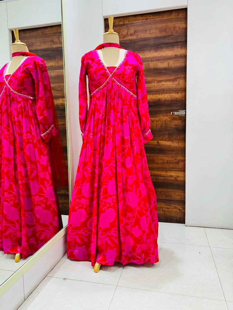 Dark Pink Silk Digital Print Gown
