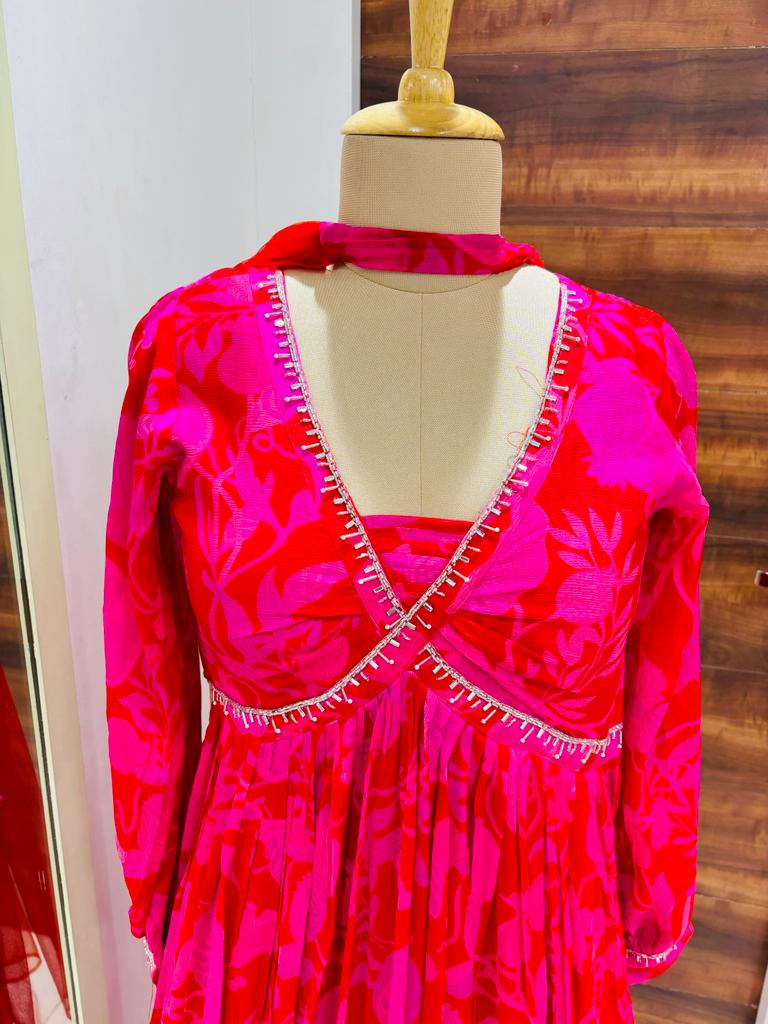 Dark Pink Silk Digital Print Gown