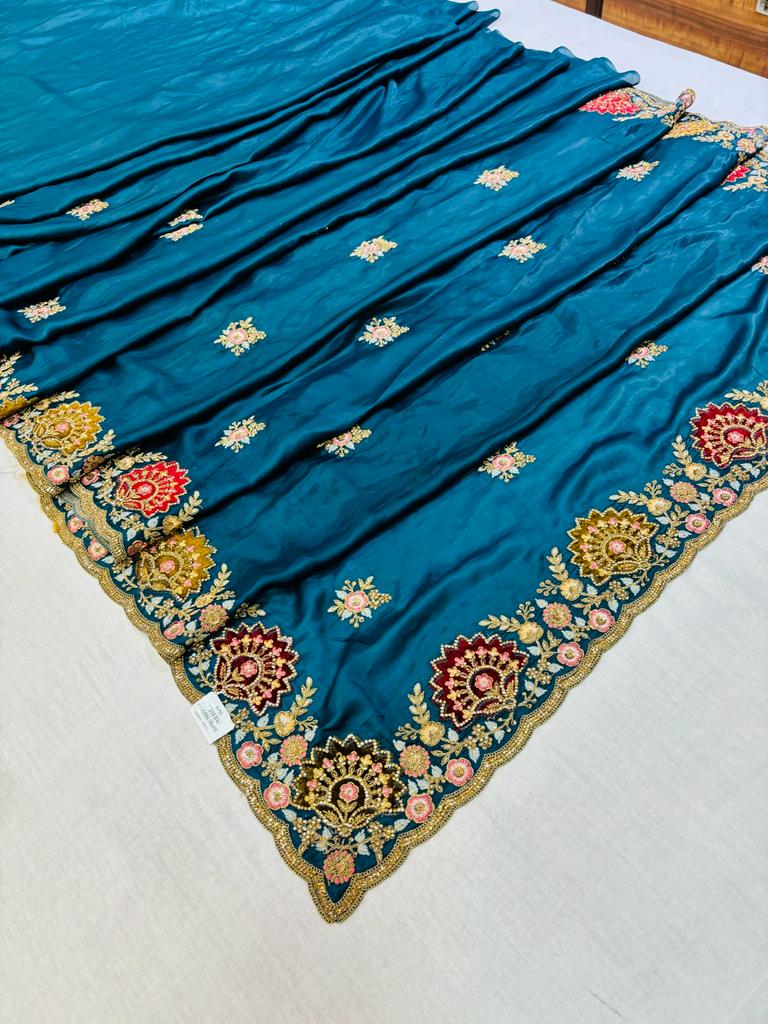 Royal Blue Embroidered SIlk Saree