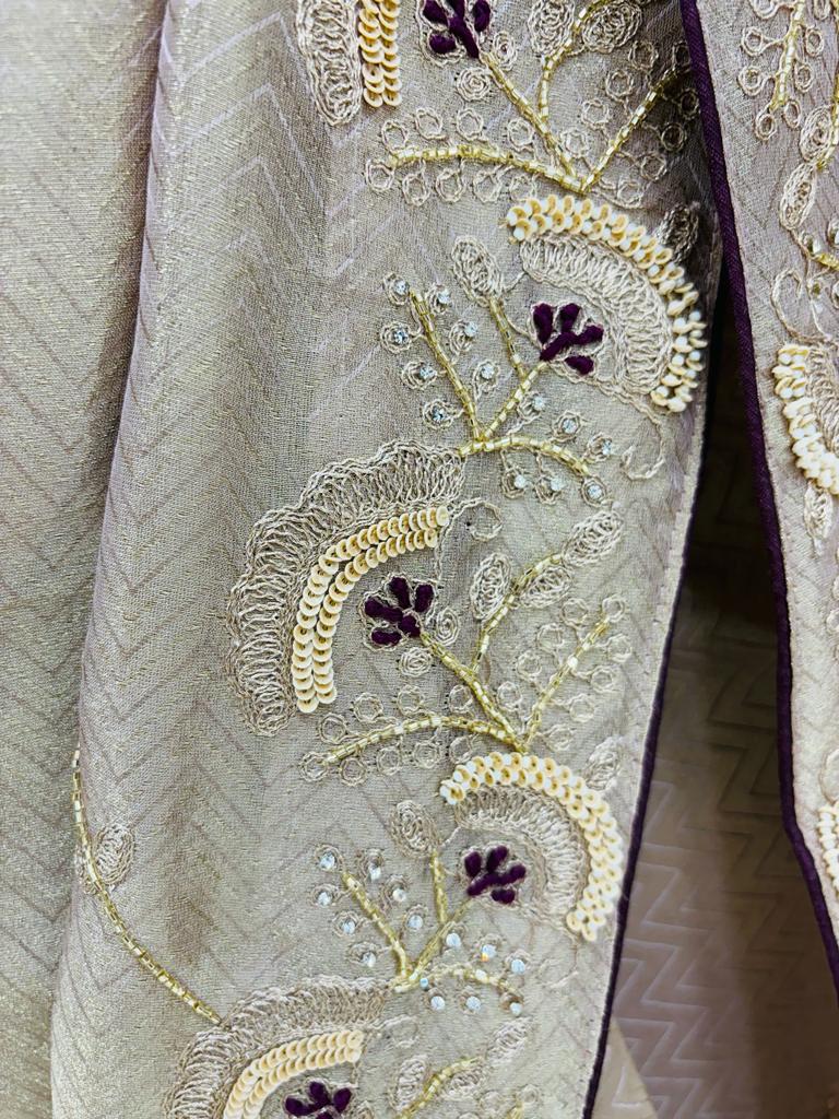 Beige Zari Woven Hand Work Tissue Silk Saree