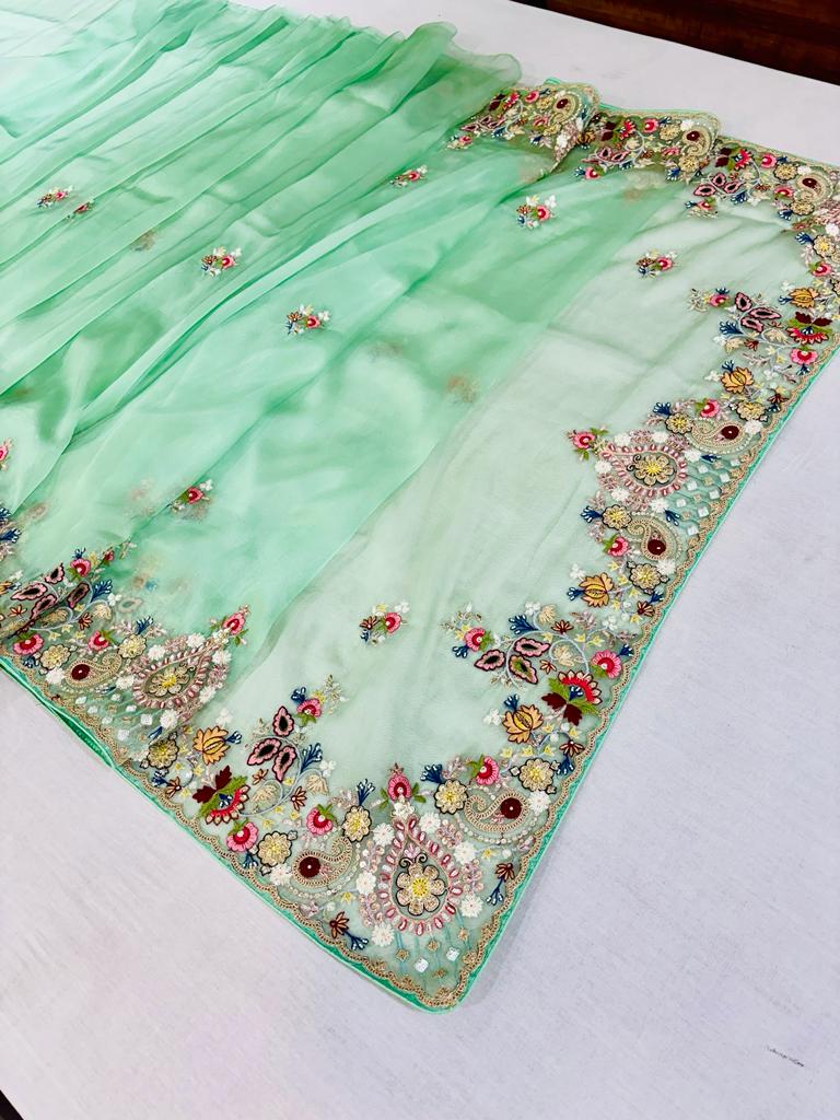 Light Green Embroidered Designer Saree