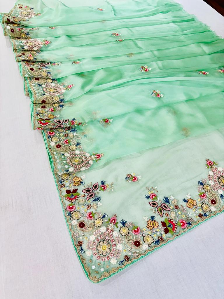 Light Green Embroidered Designer Saree