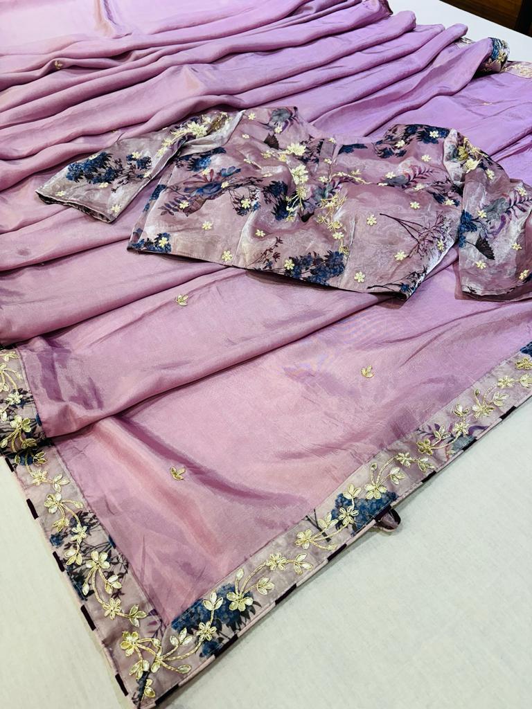 Purple Silk Designer Saree With Organza Readymade Blouse
