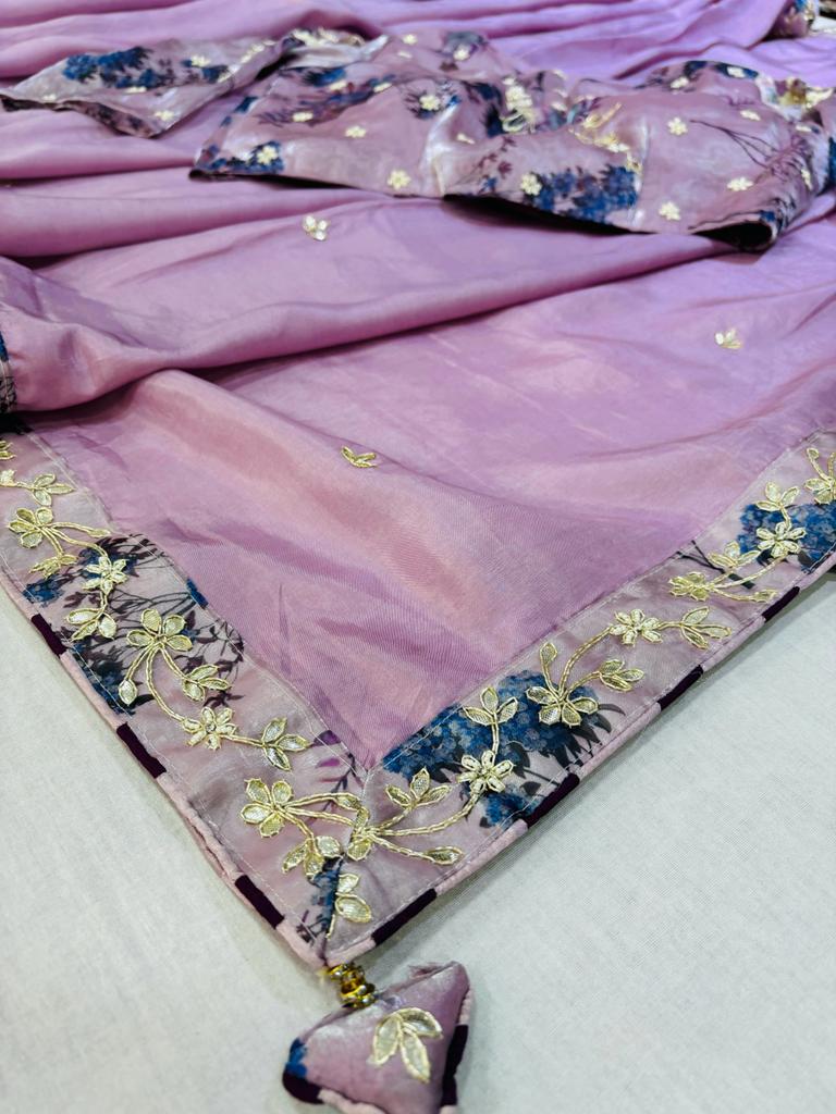 Purple Silk Designer Saree With Organza Readymade Blouse