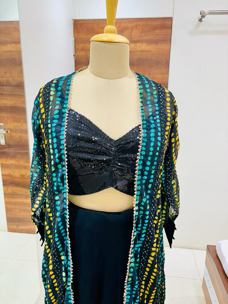 Black Sequinned Crop Top With Shrug & Palazzo