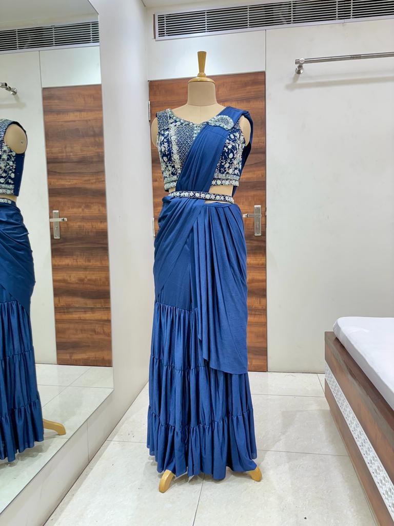 Navy Blue Designer Pre Draped Saree With Readymade Blouse