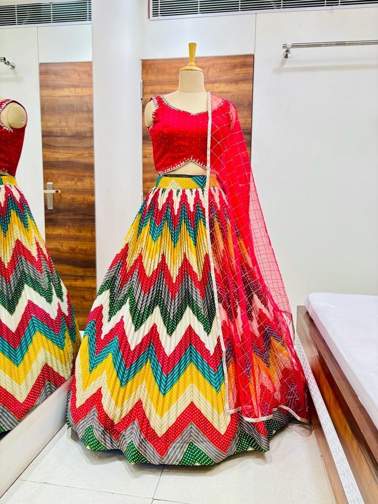 Red Multicolor Silk Designer Lehenga