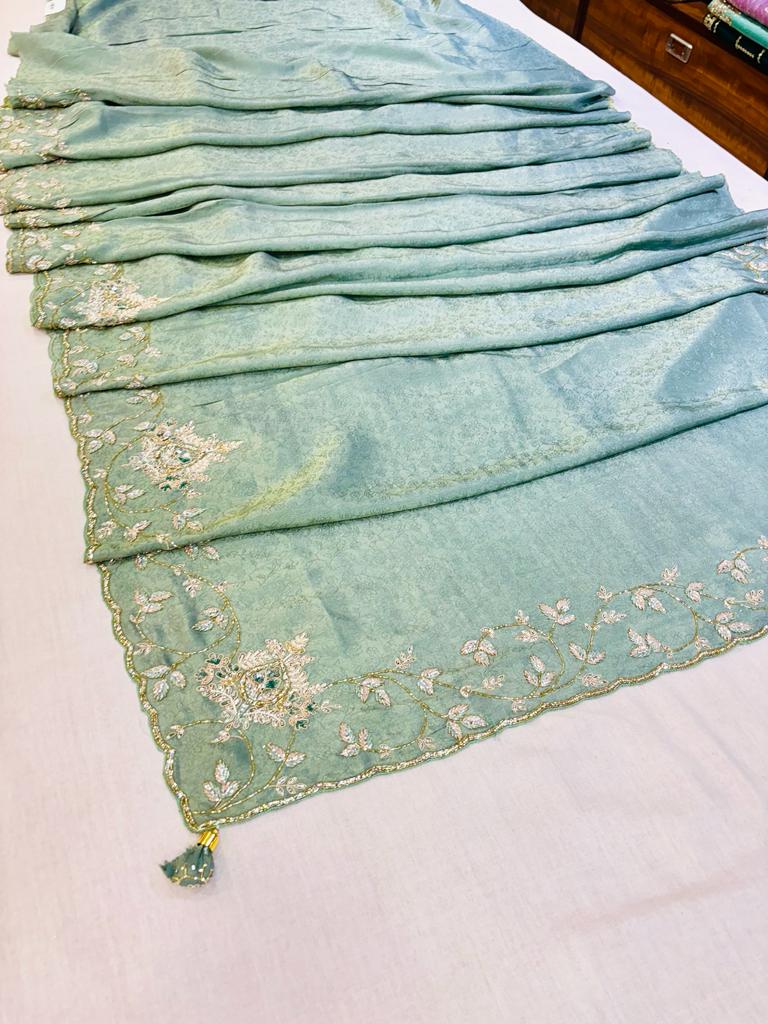 Light Green Silk Designer Hand Work Saree