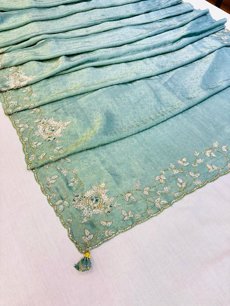 Light Green Silk Designer Hand Work Saree