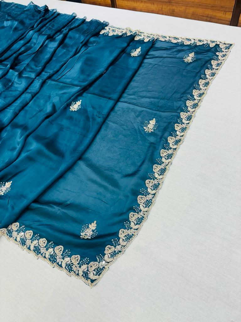Blue Satin Silk Designer Saree