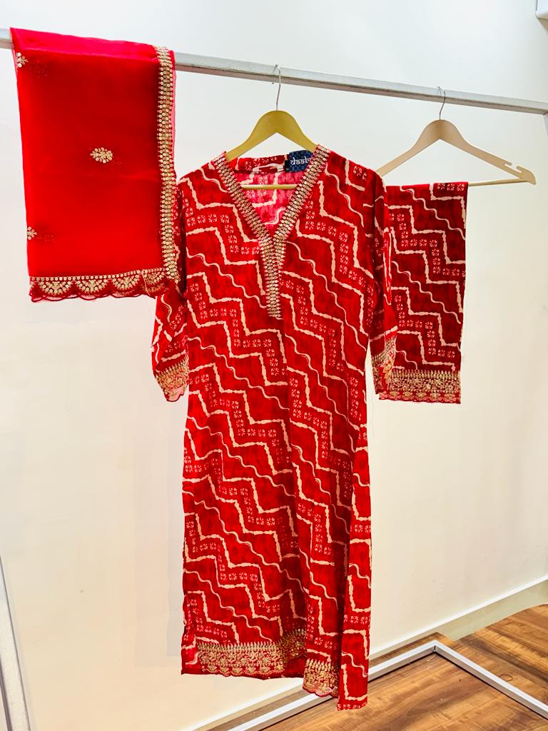Red Printed Silk Suit Set