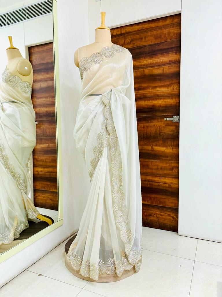 White Tissue Cutdana Saree