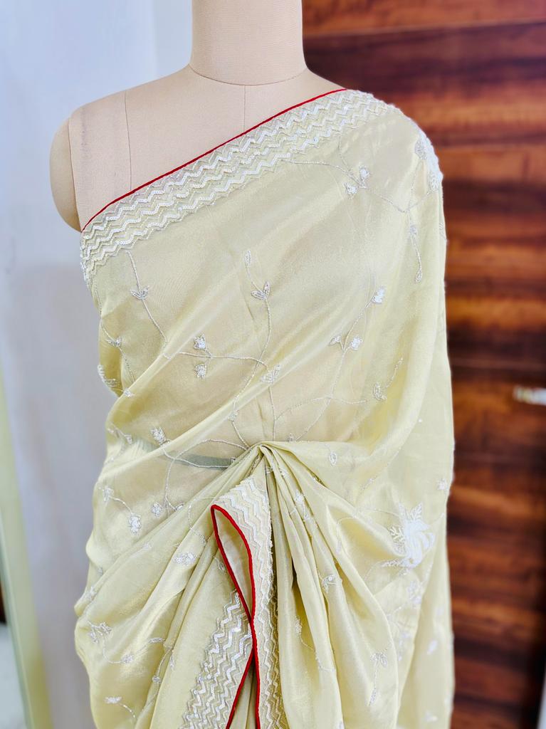 Cream Popcorn Tissue Designer Saree