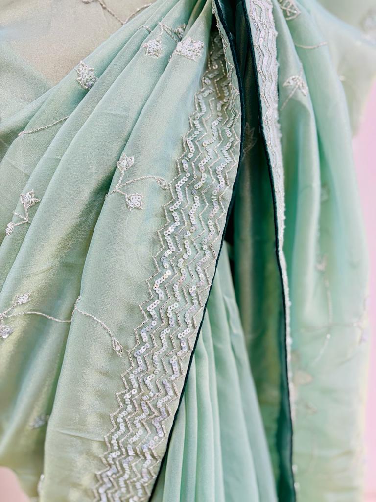 Light Green Popcorn Tissue Designer Saree