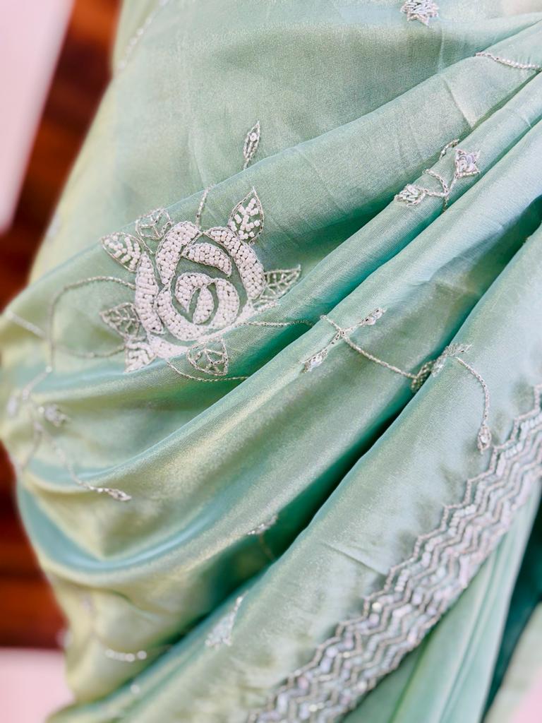 Light Green Popcorn Tissue Designer Saree