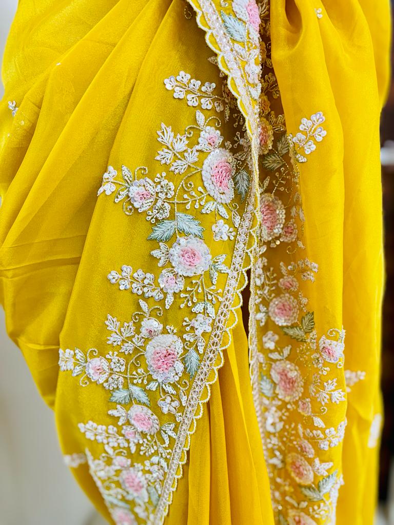 Yellow Pure Tissue Silk Designer Saree