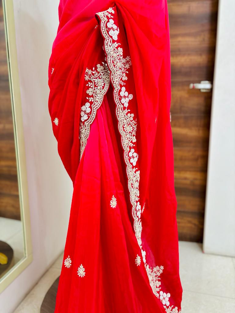 Shaded Red Silk Designer Saree