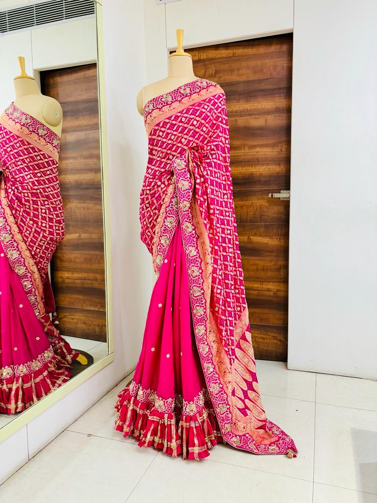 Pink Bandhej Silk Frill Designer Saree