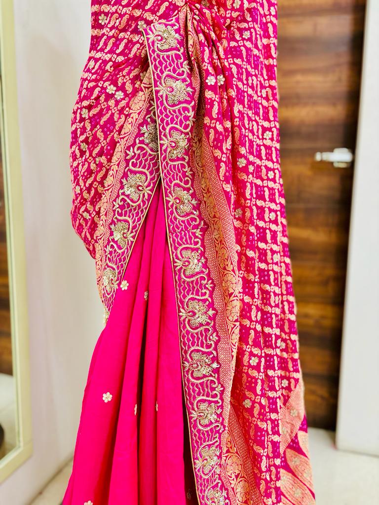 Pink Bandhej Silk Frill Designer Saree