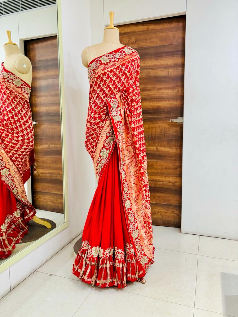 Red Bandhej Silk Frill Designer Saree