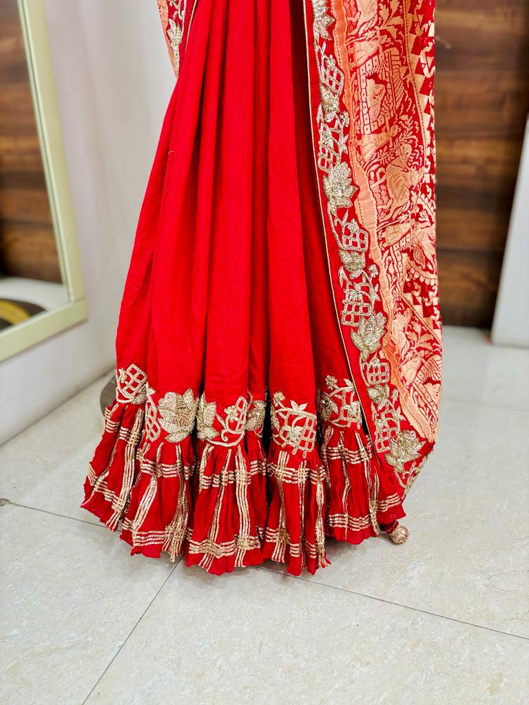 Red Bandhej Silk Frill Designer Saree