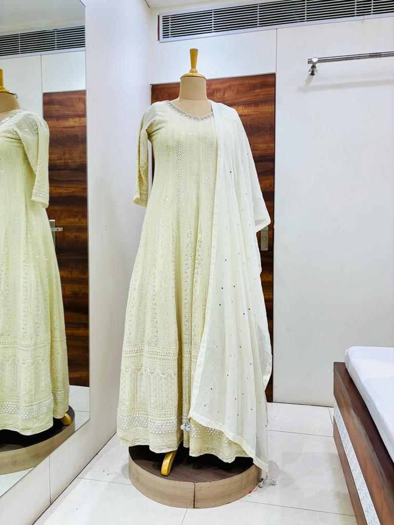 Ivory Chikankari Designer Gown