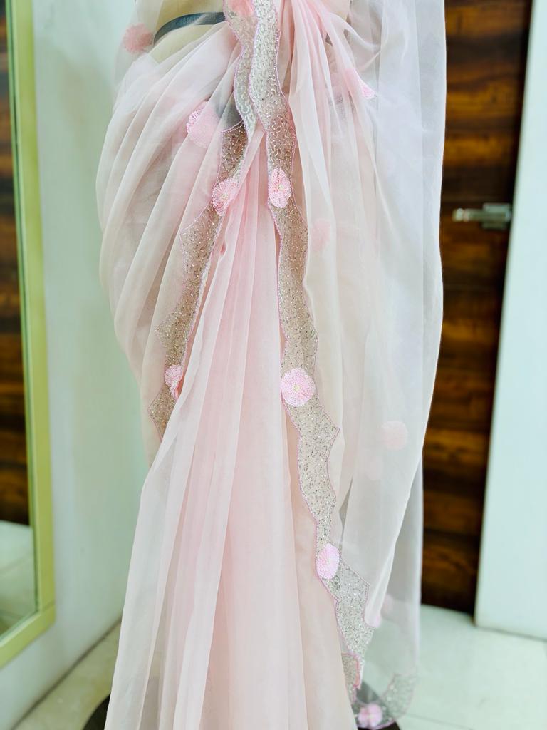 Light Pink Cutdana Organza Saree