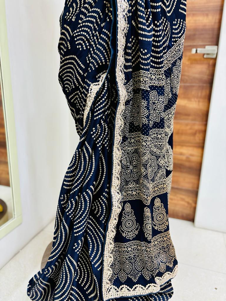 Navy Blue Bandhani Print Silk Designer Saree