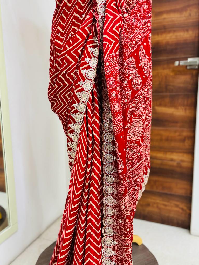 Dark Red Bandhani Print Silk Designer Saree