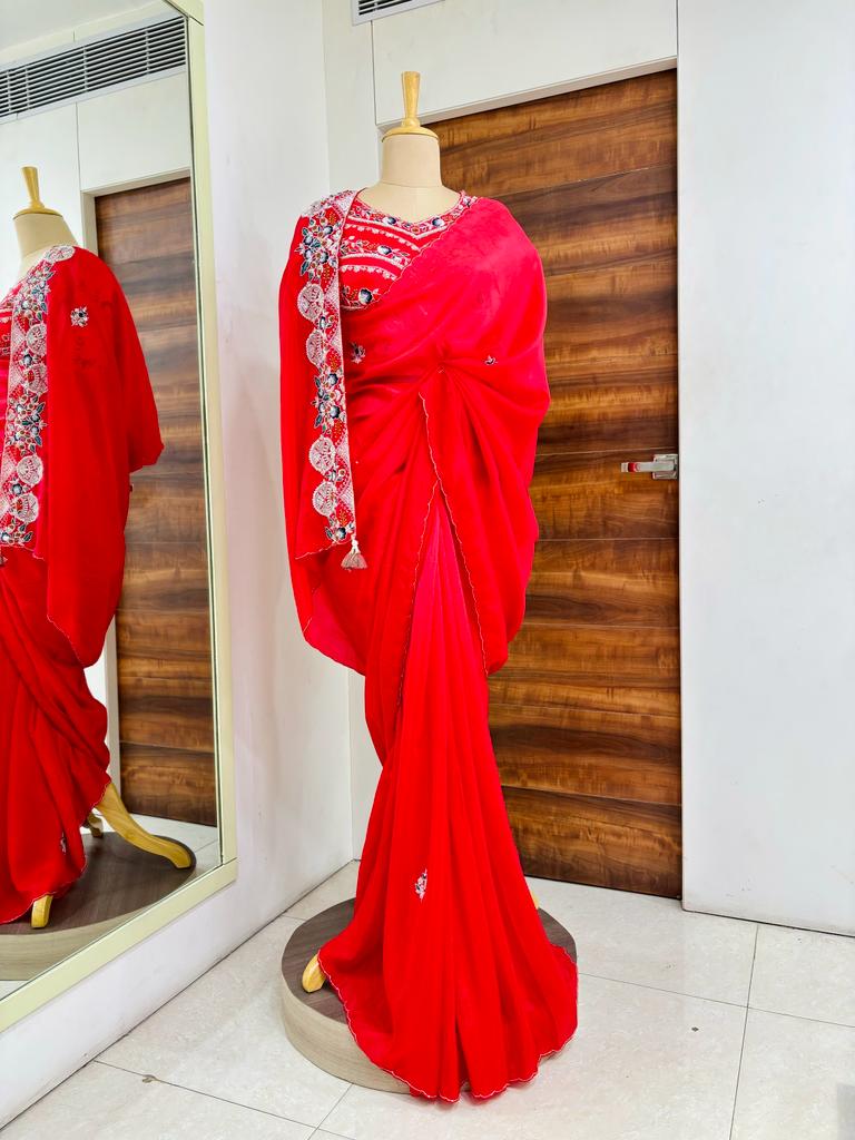 Red Silk Saree With Designer Readymade Blouse