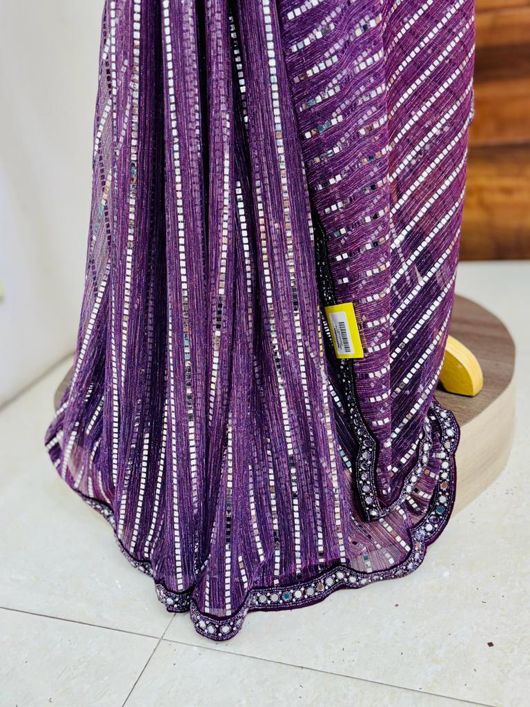 Purple Net Sequinned Saree