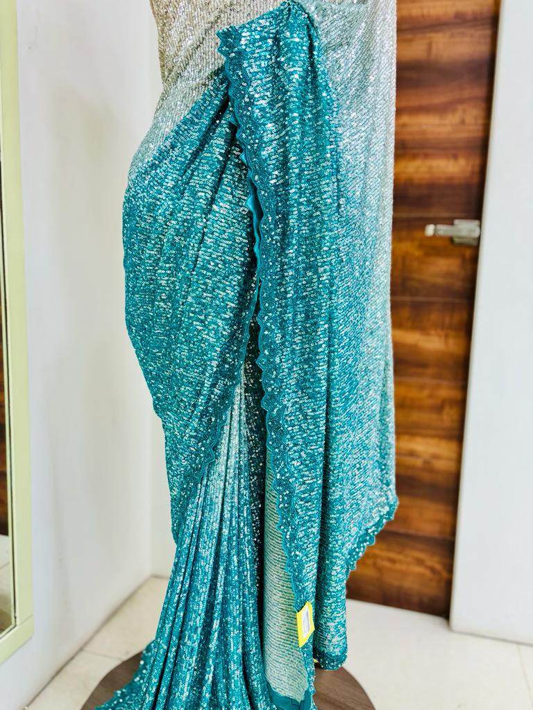Shaded Blue Sequinned Designer Saree