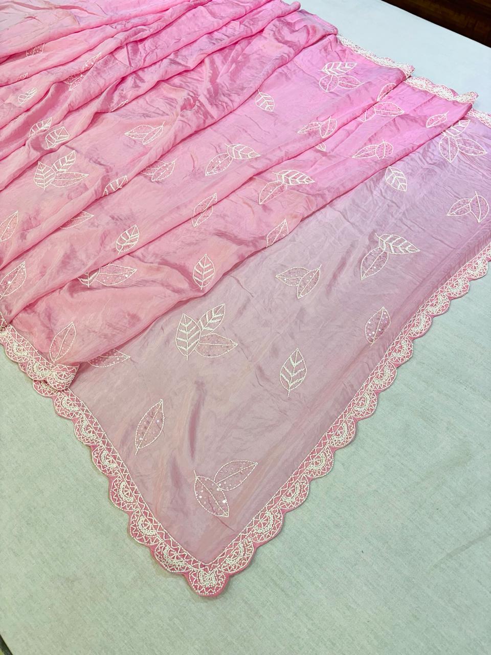 Baby Pink Tissue Silk Pearl Work Saree