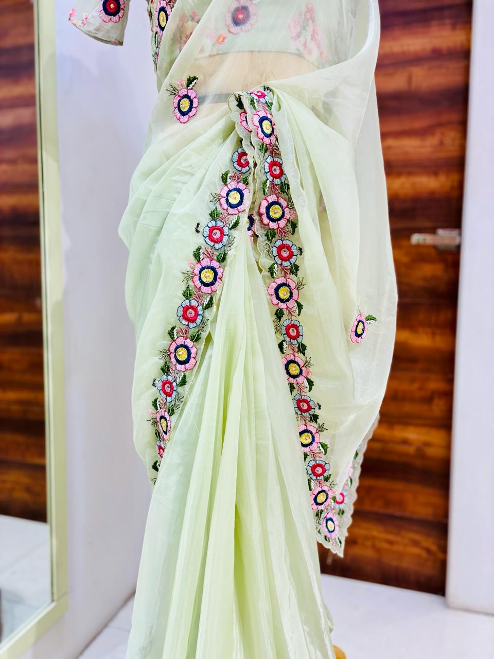 Light Green Organza Designer Saree With Readymade Blouse