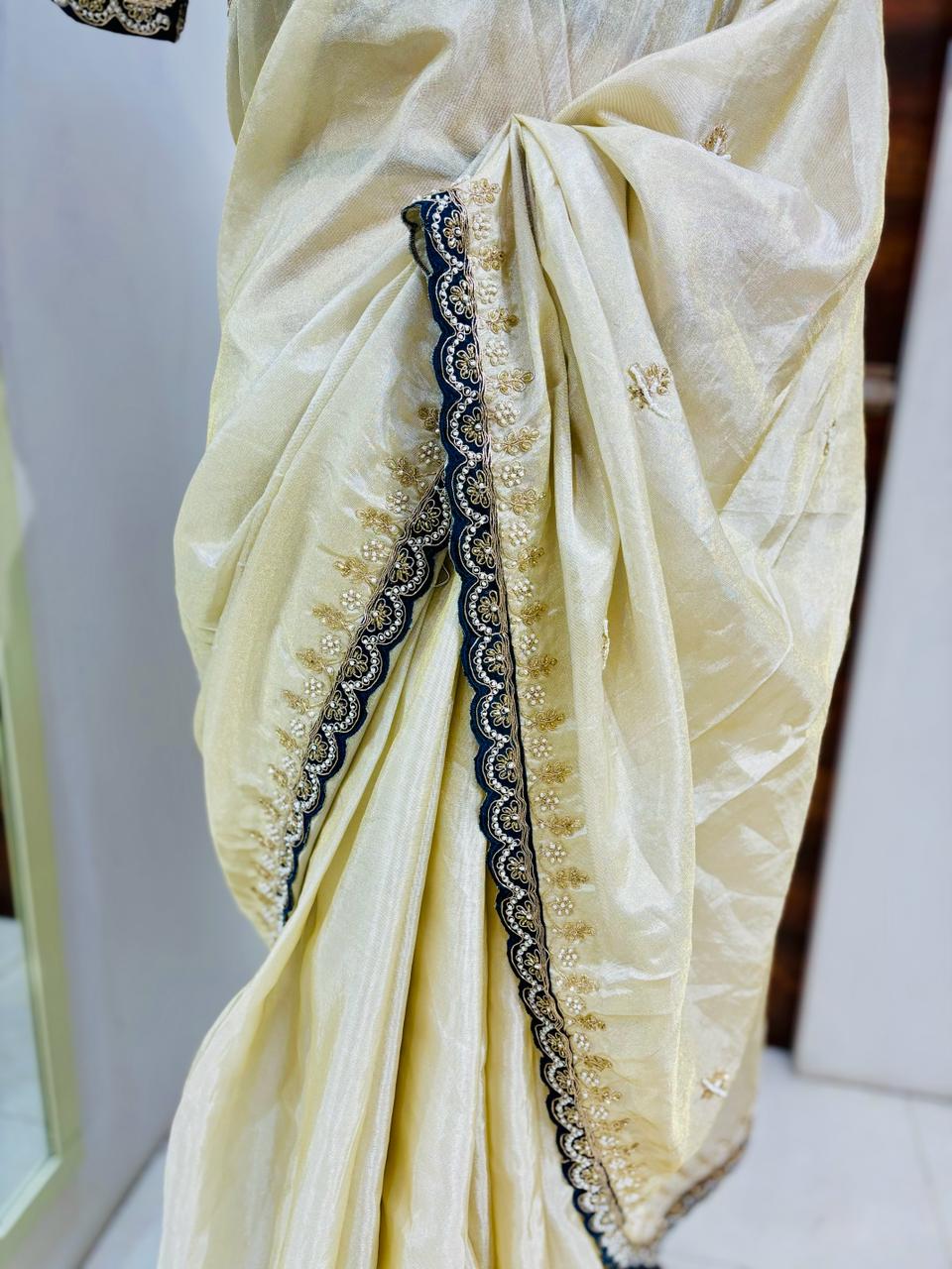 Beige Tissue Designer Saree With Readymade Blouse