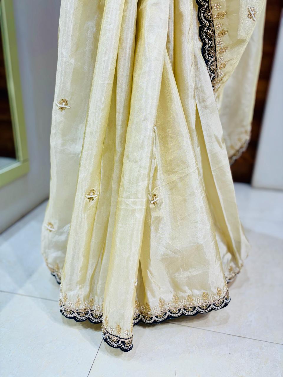 Beige Tissue Designer Saree With Readymade Blouse