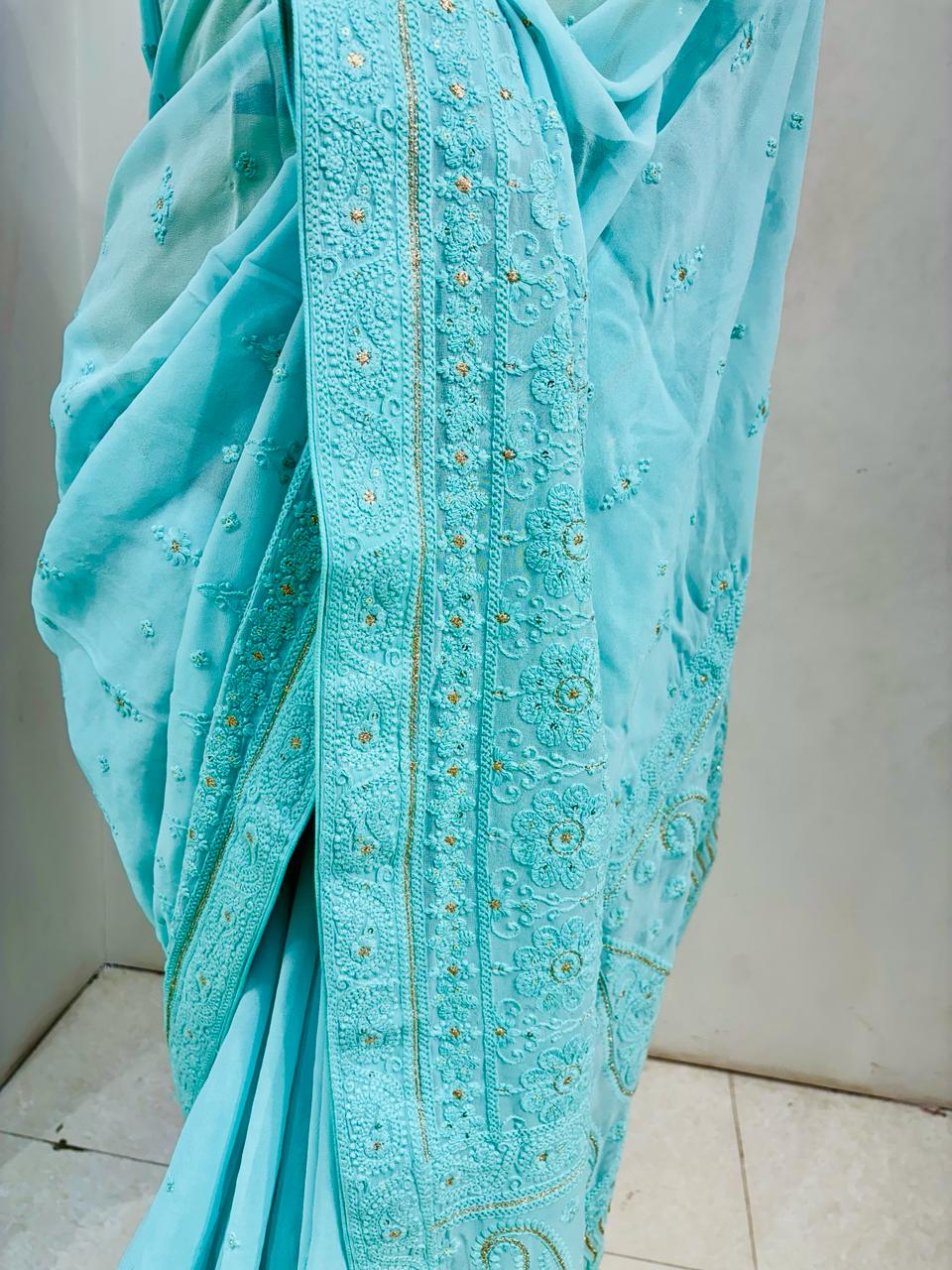 Light Blue Chikankari Designer Saree