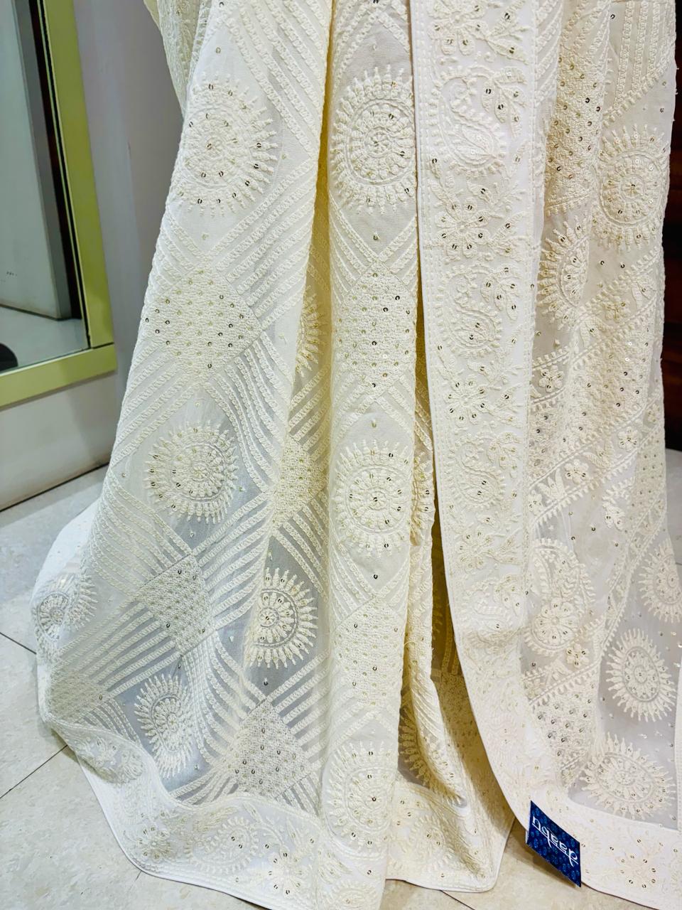 Cream Chikankari Designer Saree