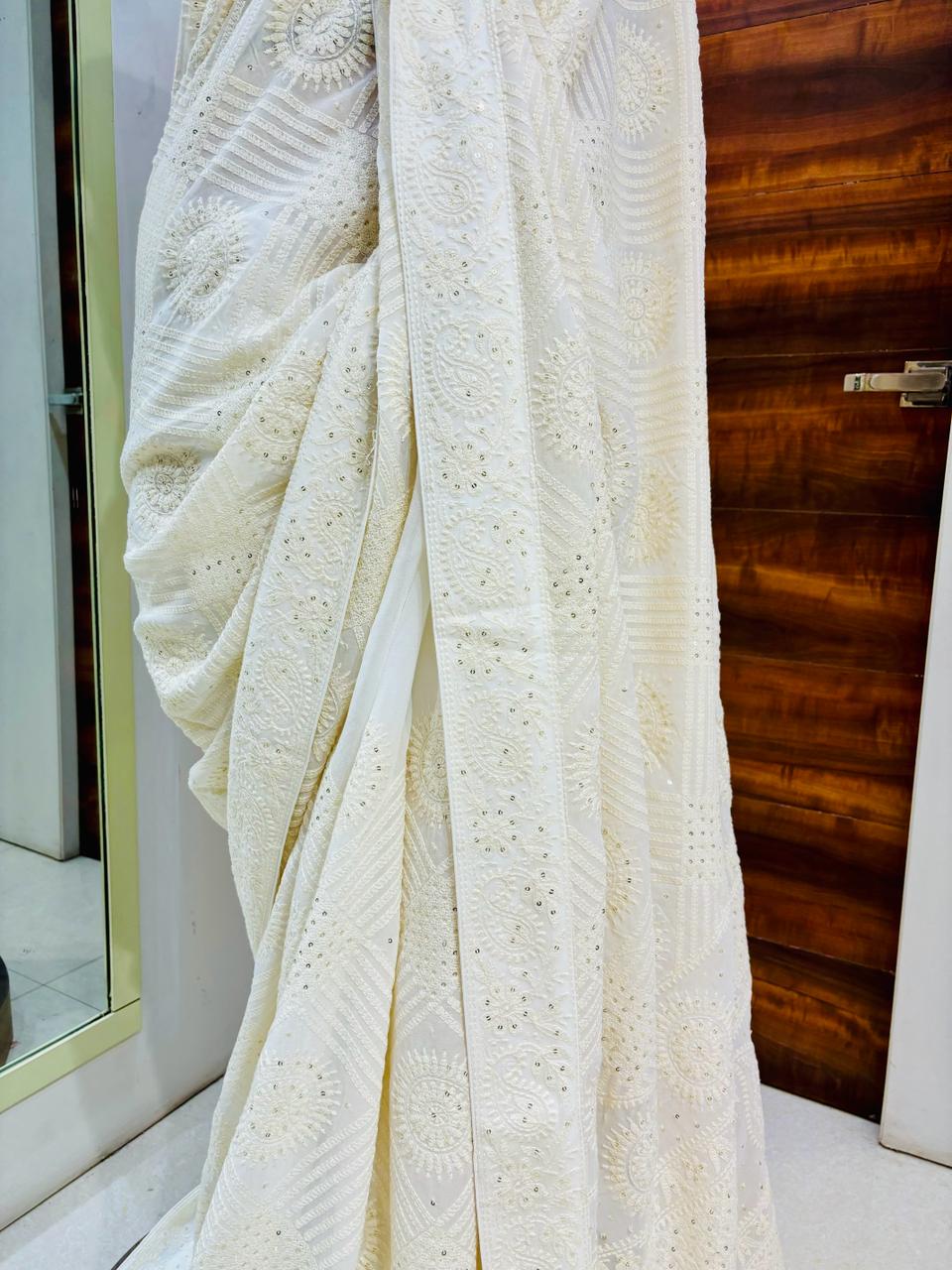 Cream Chikankari Designer Saree