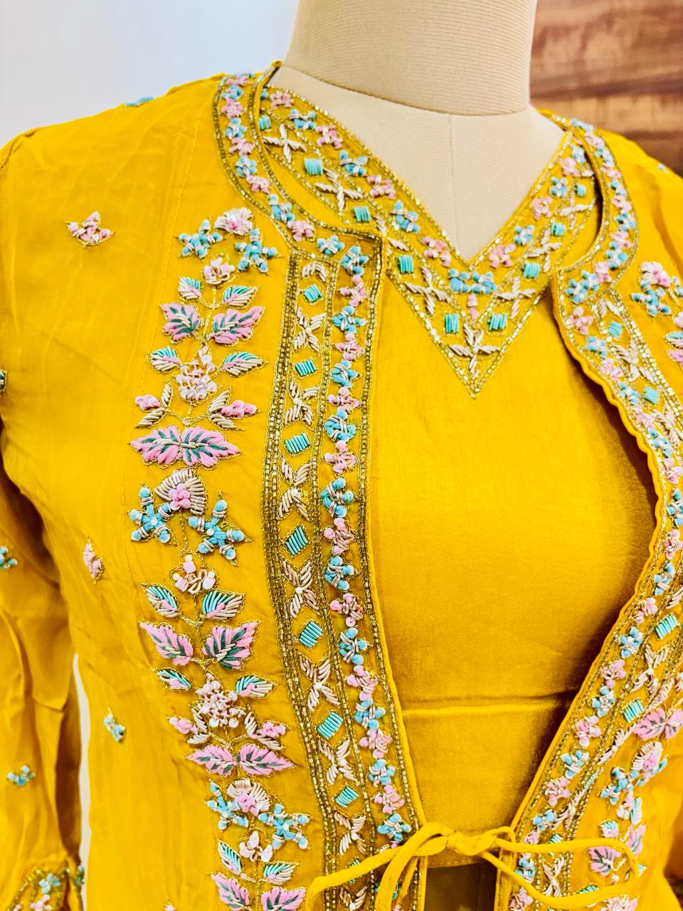 Yellow Chinnon Georgette Shrug Set With Skirt