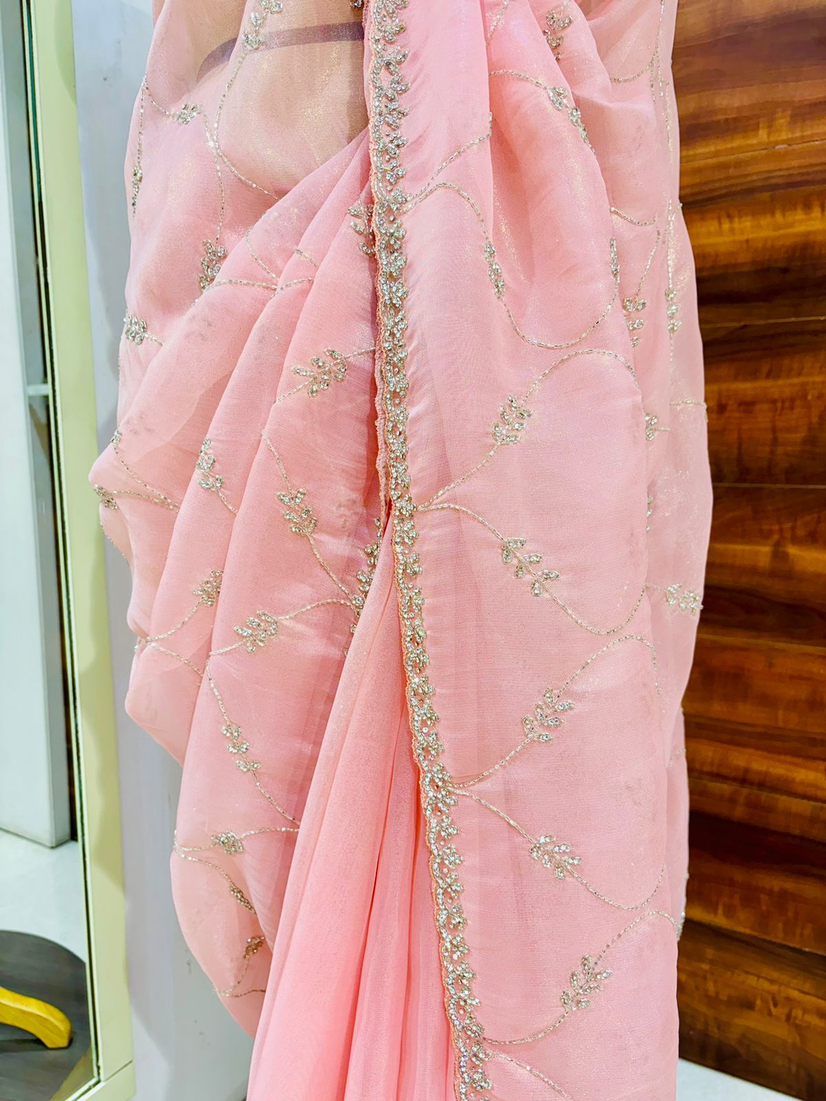 Light Peach Tissue Organza Designer Saree