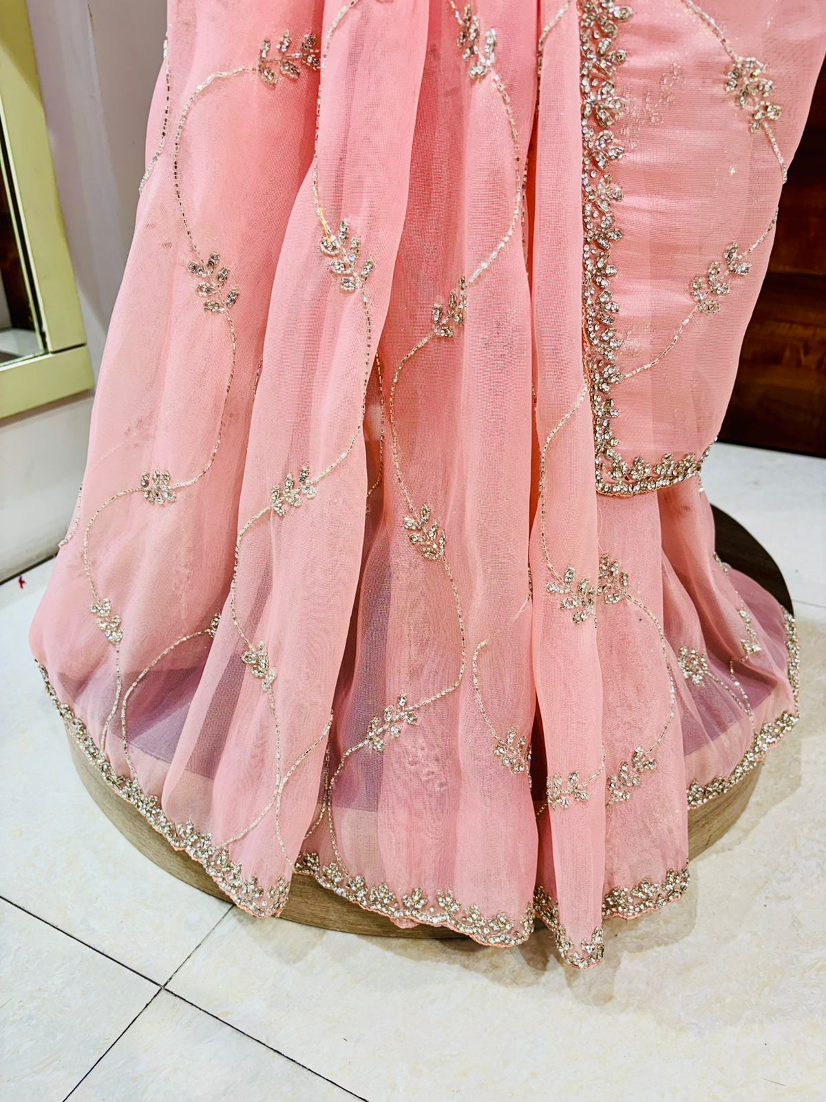 Light Peach Tissue Organza Designer Saree