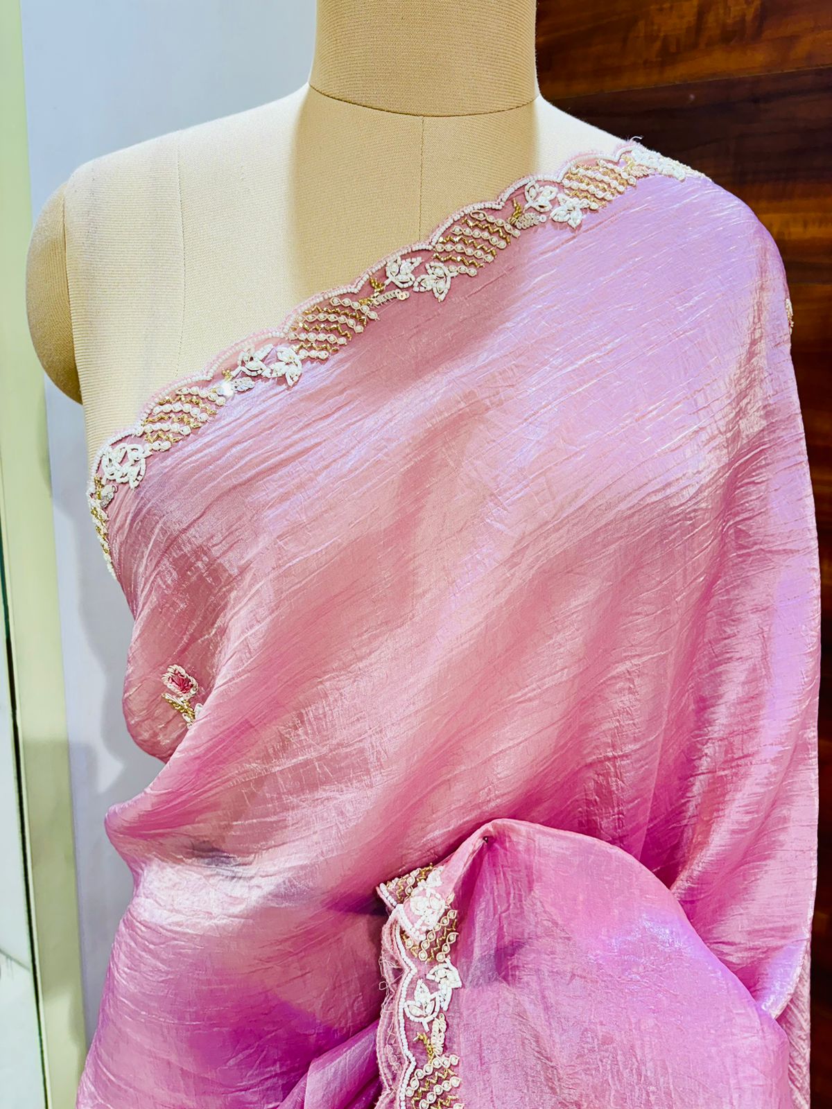 Light Pink Popcorn Silk Designer Saree