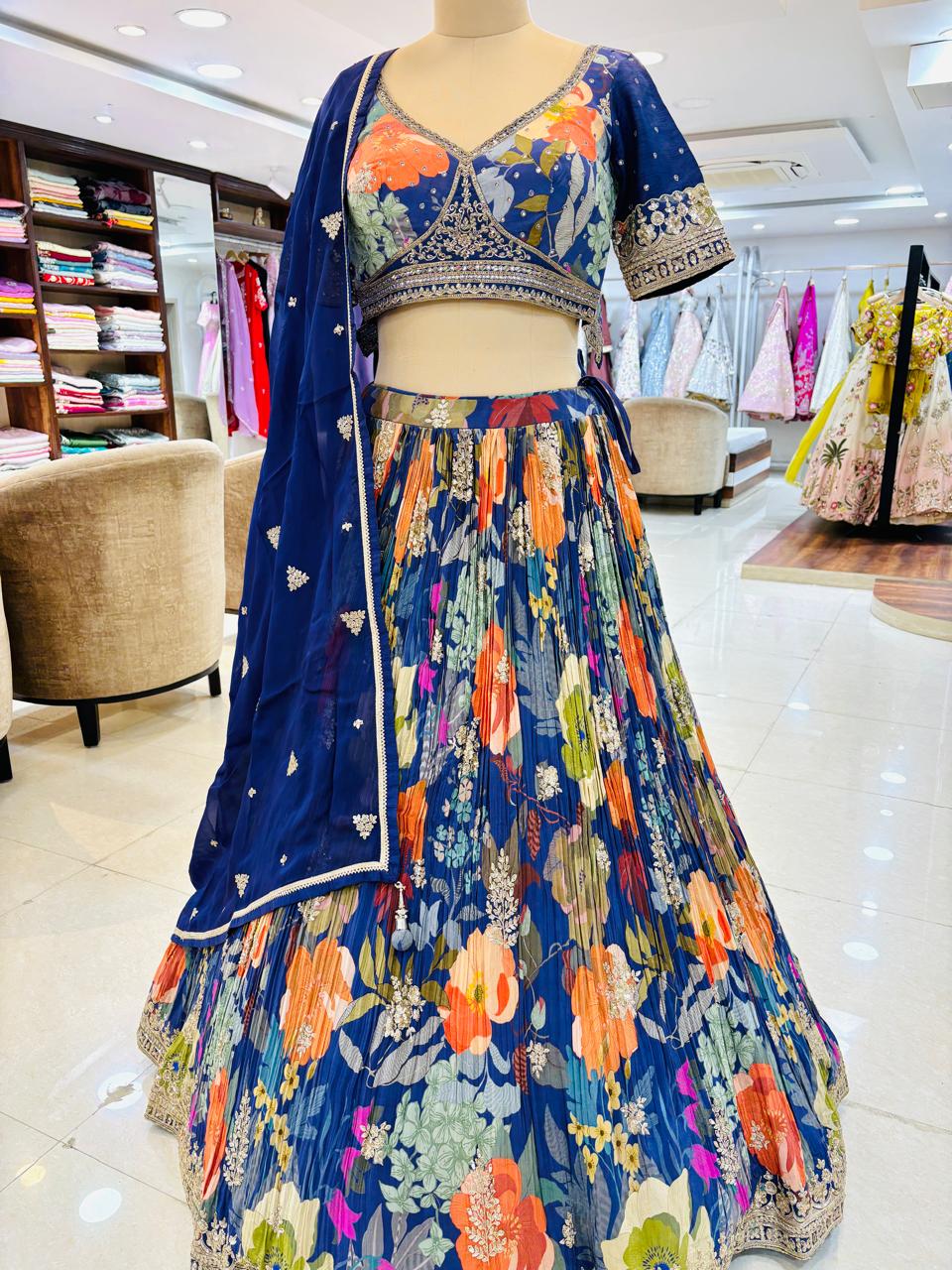 Blue Floral Printed Designer Lehenga