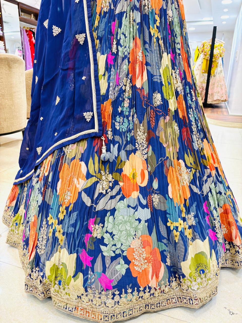 Blue Floral Printed Designer Lehenga