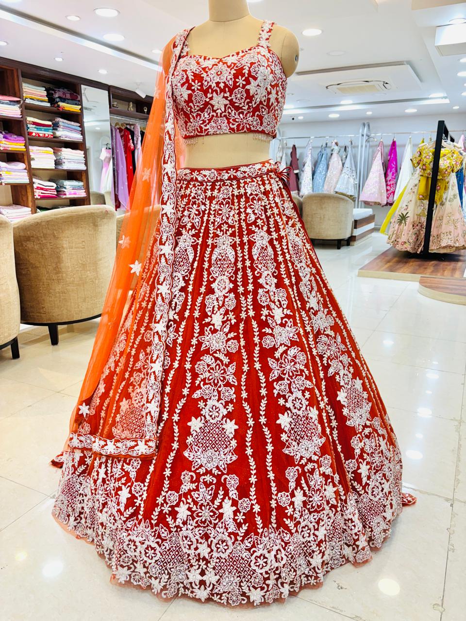 Orange Net Embroidered Designer Lehenga