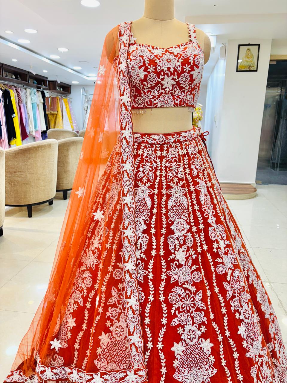 Orange Net Embroidered Designer Lehenga