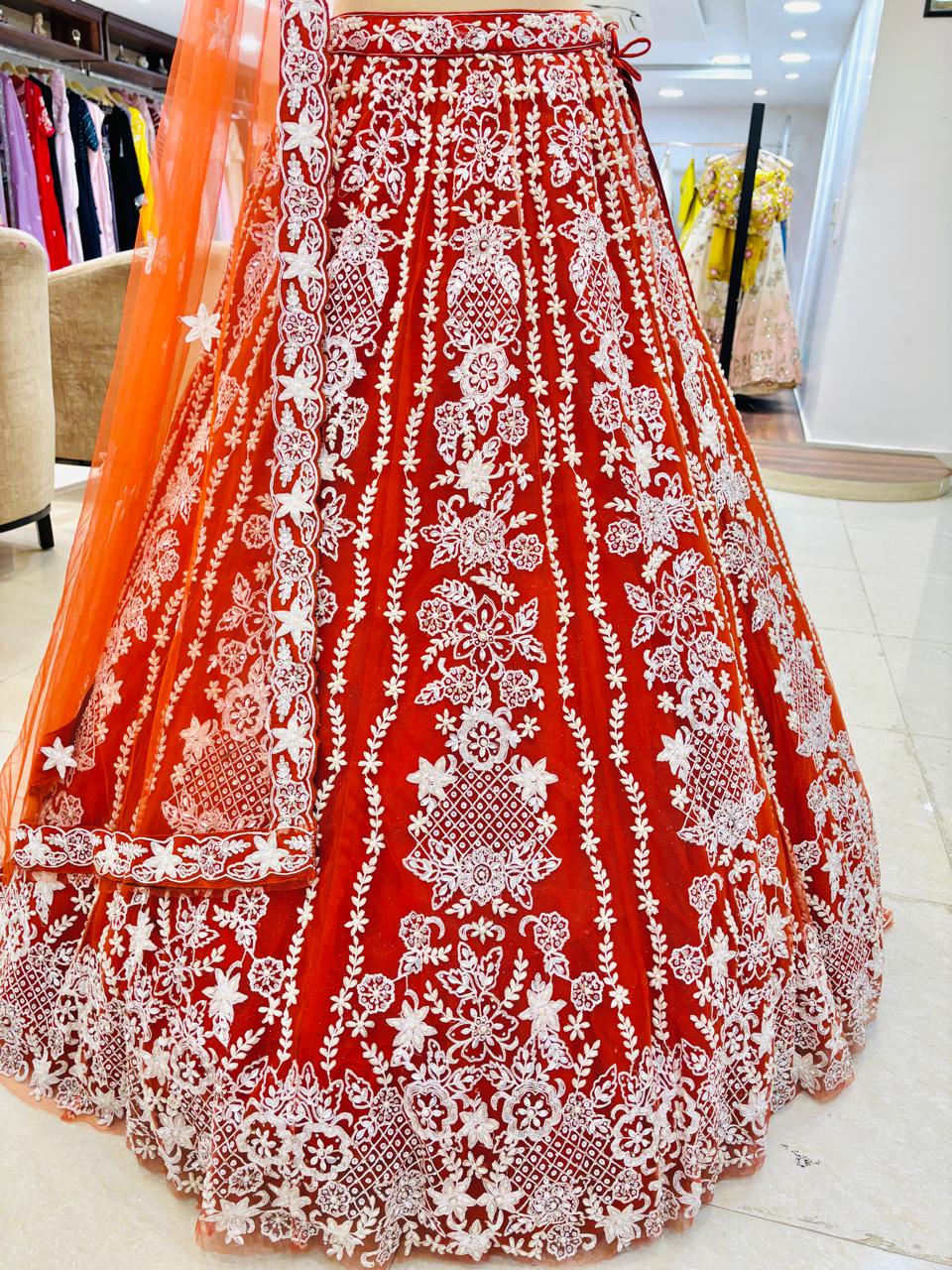 Orange Net Embroidered Designer Lehenga