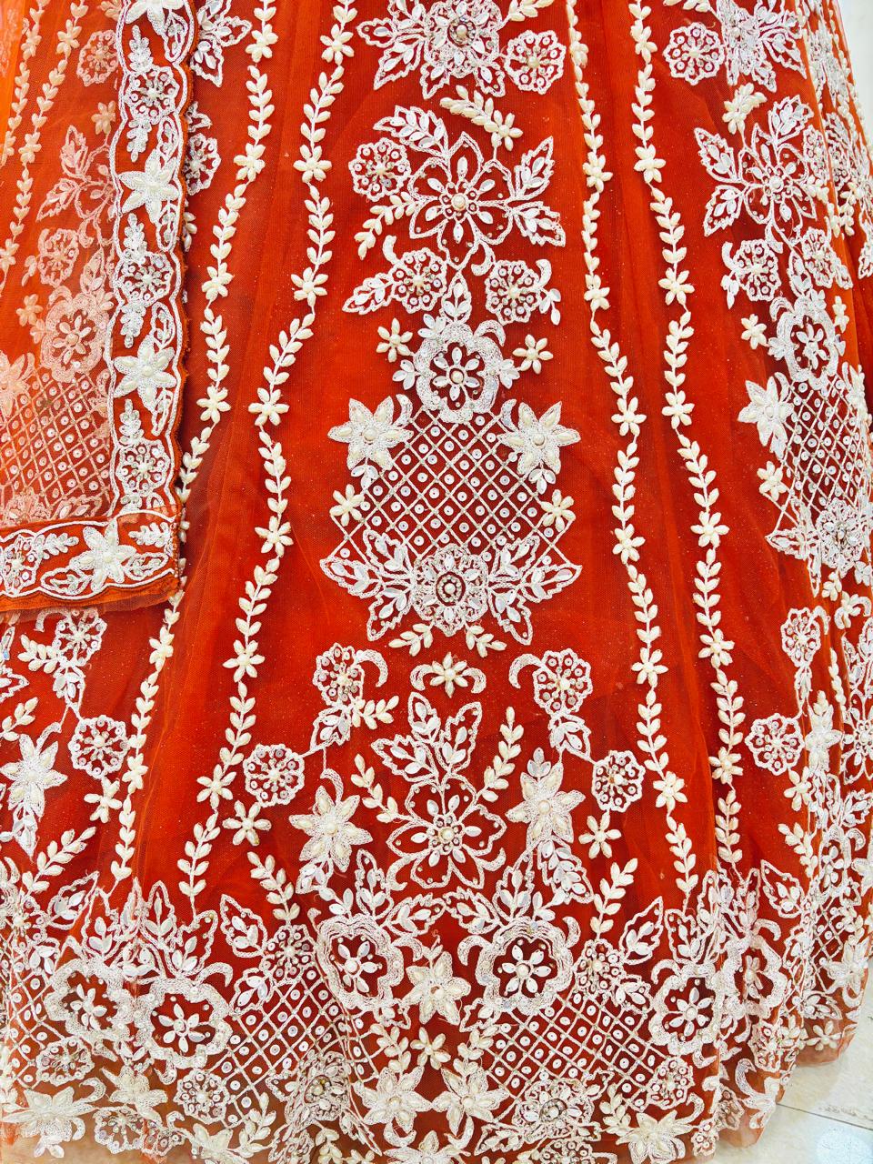 Orange Net Embroidered Designer Lehenga